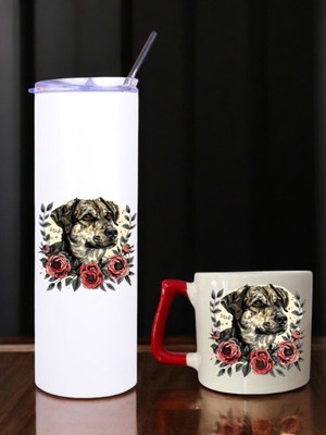 Çiçek ve Köpek Baskılı 600 ml Termos ve 250 ml Bardak - Pipetli Termos ve Bardak Seti
