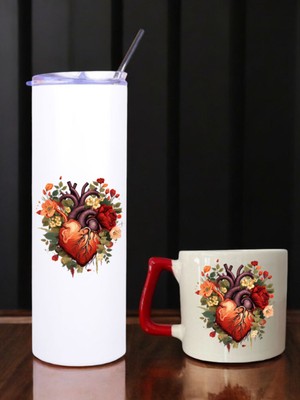 Kalpli Çiçek Baskılı 600 ml Termos ve 250 ml Bardak - Pipetli Termos ve Bardak Seti