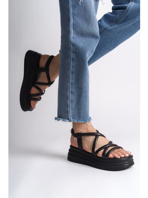 Bella Lastikli Şerit Detaylı Ortopedik Taban Kadın Sandalet Cst - Siyah