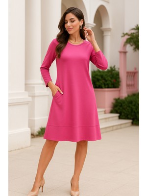 Kadın Pembe Gizli Cepli Uzun Kollu Elbise