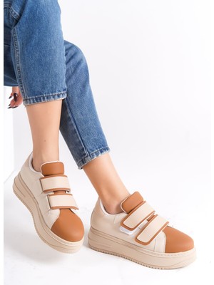 Valencıa Bağcıksız Cırt Cırtlı Ortopedik Taban Kadın Sneaker Spor Ayakkabı Ctt - Ten/kahve