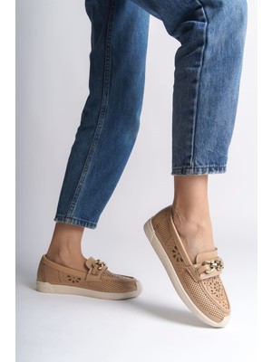 Layla Bağcıksız Ortopedik Rahat Taban Çiçek Desenli Kadın Babet Ayakkabı  Ckt - Ten