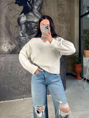 Lurrey Yırtık Detay Yüksel Bel Geniş Paça Kot Pantolon Mavi