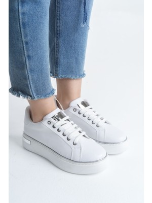 Mına Bağcıklı Ortopedik Taban Kadın Sneaker Spor Ayakkabı  Cbt - Beyaz/gümüş