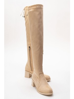 Kadın Dizüstü Streç Topuklu Çizme; Bej Süet