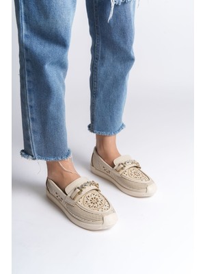 Lıly Bağcıksız Ortopedik Rahat Taban Çiçek Desenli Kadın Babet Ayakkabı Ckt - Krem