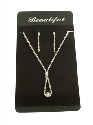 Depomix Şerit Taşlı Suyolu Abiye Set Kolye-Gümüş Rengi