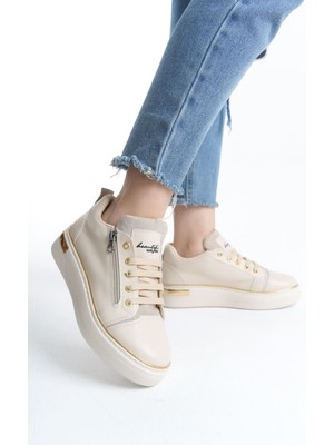 Dına Bağcıklı Fermuarlı Ortopedik Taban Kadın Sneaker Spor Ayakkabı  Ckt - Krem/altın