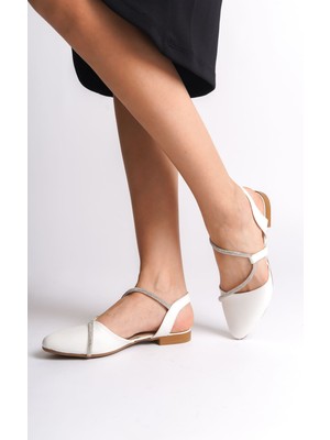 Hannah Lastikli Ortopedik Rahat Taban Taş Detaylı Kadın Babet Ayakkabı  Ckt - Beyaz