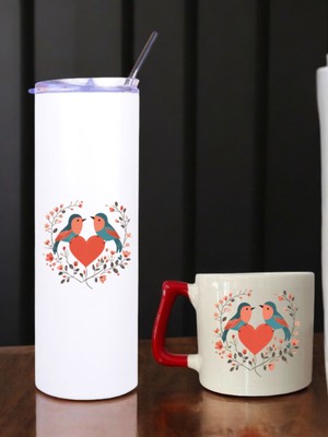 Çiçek Kuş Baskılı 600 ml Termos ve 250 ml Bardak - Pipetli Termos ve Bardak Seti