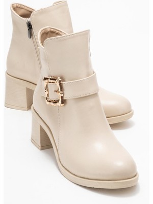 Kadın Büyük Altın Tokalı Topuklu Bot Bej Cilt