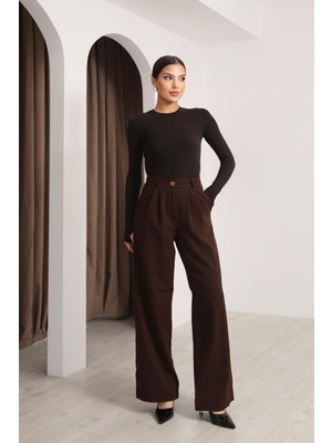 Hazel Kadın Kahverengi Yüksek Bel Palazzo Pantolon Trend Model Düz Desenli