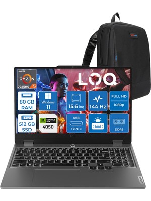 Lenovo Loq 15ARP9 Amd Ryzen 5 7235HS 80GB Ddr5 512GB SSD Windows 11 Pro RTX4050 6gb 105W 15.6" Fhd (1920X1080) IPS 300NITS 144Hz Gaming Laptop 83JC00H4TRP44 + Zetta Çanta