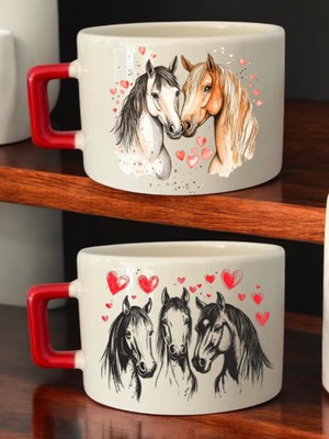 At Aşkı Baskılı 2'li Kahve Fincanı Seramik Kupa - Seramik Çay, Kahve Hediyelik Bardağı