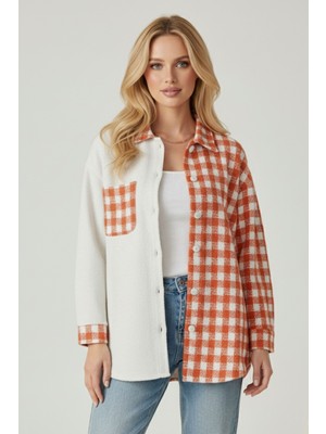 Kadın Turuncu Oversize Fit Ekoseli Desenli Uzun Kollu %100 Pamuk Gömlek, Ceket, Kadın Oduncu Gömlek