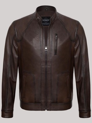 Deri Kahverengi Erkek Kenar Işlemeli Deri Ceket