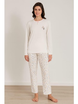 Kadın 06032 Raporlu Interlok Uzun Kol Pijama Takımı Krem