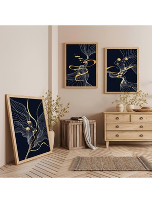 Ahşap Çerçeveli Altın Akış Üçlü Ahşap Tablo Seti