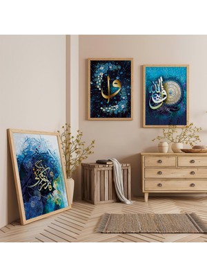 Ahşap Çerçeveli Vav Dini Üçlü Ahşap Tablo Seti