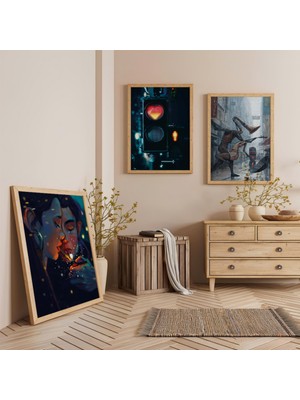 Ahşap Çerçeveli Romantik Anlar Üçlü Ahşap Tablo Seti