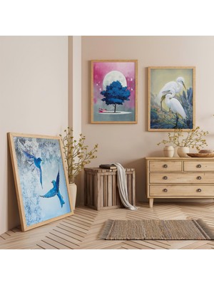 Ahşap Çerçeveli Aşk Kuşları Üçlü Ahşap Tablo Seti