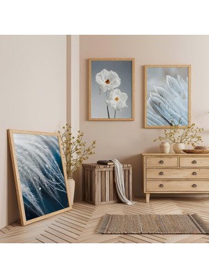 Ahşap Çerçeveli Beyaz Çiçek Üçlü Ahşap Tablo Seti