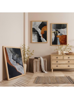 Ahşap Çerçeveli Gölgeler ve Alevler Üçlü Ahşap Tablo Seti