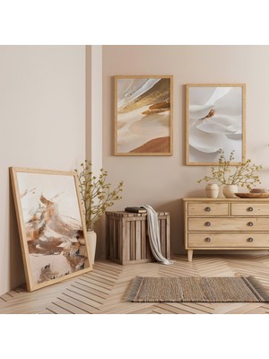 Ahşap Çerçeveli Saf Beyazın Dansı Üçlü Ahşap Tablo Seti