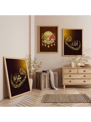 Ahşap Çerçeveli Osmanlı Tuğrası Üçlü Ahşap Tablo Seti