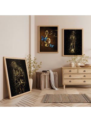 Ahşap Çerçeveli Müzik Modern Üçlü Ahşap Tablo Seti