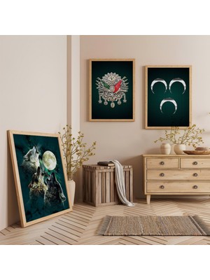 Ahşap Çerçeveli Bozkurt ve 3 Hilal Üçlü Ahşap Tablo Seti