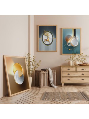 Ahşap Çerçeveli Geometrik Harmoni Üçlü Ahşap Tablo Seti