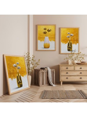 Ahşap Çerçeveli Altın Vazo Hikayesi Üçlü Ahşap Tablo Seti