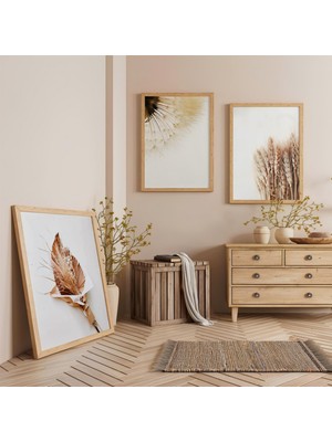 Ahşap Çerçeveli Minimalist Doğal Botanik Formlar Üçlü Ahşap Tablo Seti