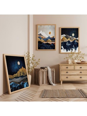 Ahşap Çerçeveli Altın Zirveler Üçlü Ahşap Tablo Seti