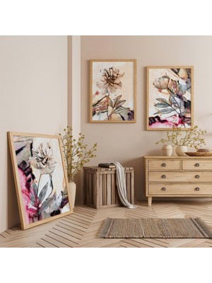Ahşap Çerçeveli Pastel Bahar Üçlü Ahşap Tablo Seti