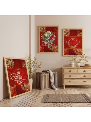 Ahşap Çerçeveli Kırmızı Arka Planlı Gold Desenli Osmanlı Tuğrası Üçlü Ahşap Tablo Seti