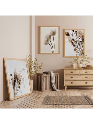 Ahşap Çerçeveli Beyaz Çiçek Modern Üçlü Ahşap Tablo Seti