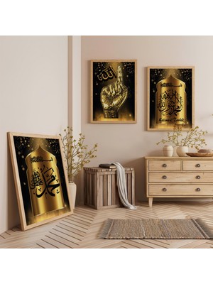 Ahşap Çerçeveli Kelime-I Tevhid Üçlü Ahşap Tablo Seti