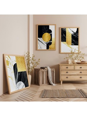 Ahşap Çerçeveli Altın Harmoni Üçlü Ahşap Tablo Seti