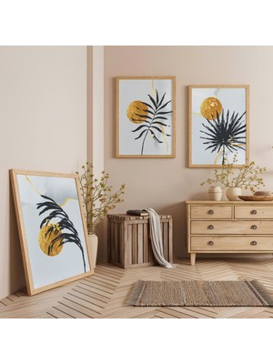 Ahşap Çerçeveli Tropkal Işıltı Üçlü Ahşap Tablo Seti