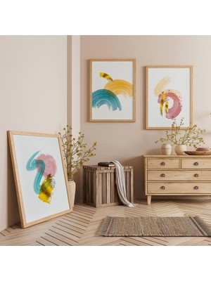 Ahşap Çerçeveli Renklerin Dansı Üçlü Ahşap Tablo Seti