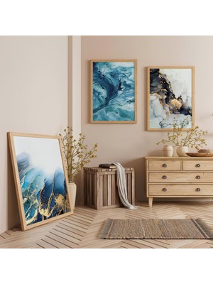 Ahşap Çerçeveli Mavi ve Altın Soyut Üçlü Ahşap Tablo Seti