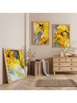 Ahşap Çerçeveli Altın Çiçek Üçlü Ahşap Tablo Seti