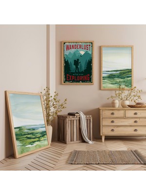 Ahşap Çerçeveli Keşif Tutkusu Üçlü Ahşap Tablo Seti