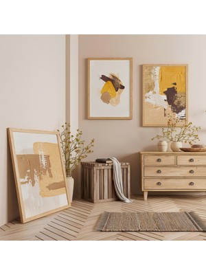 Ahşap Çerçeveli Toprak Tonları Üçlü Ahşap Tablo Seti