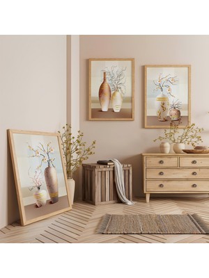 Ahşap Çerçeveli Üç Vazo Tek Hikaye Üçlü Ahşap Tablo Seti