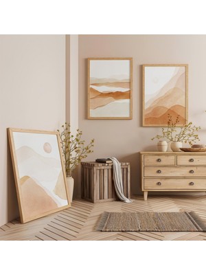 Ahşap Çerçeveli Pastel Manzaralar Üçlü Ahşap Tablo Seti