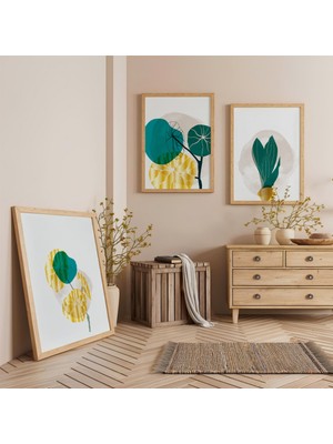 Ahşap Çerçeveli Yeşilin Sadeliği Üçlü Ahşap Tablo Seti