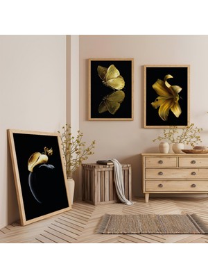 Ahşap Çerçeveli Altın Renk Çiçek Kelebek Modren Üçlü Ahşap Tablo Seti